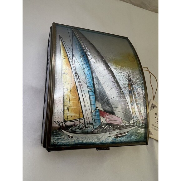 Vtg Via Vermont Sailboat Jewelry Trinket Box Cobalt Blue Glass Mirrored Brass - Picture 4 of 12